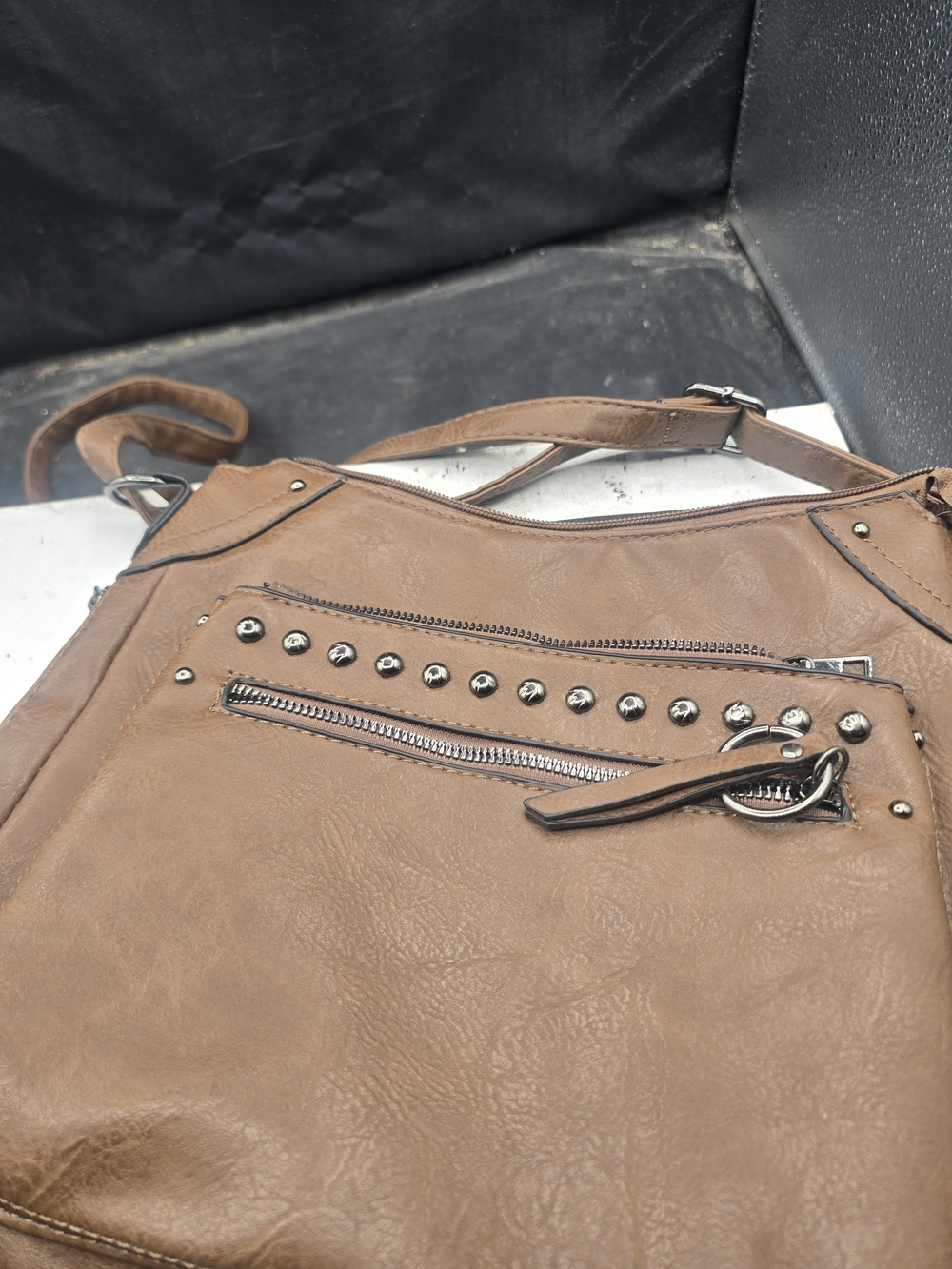 Stone & Co. Tan Studded Shoulder Bag with Silver Hardware